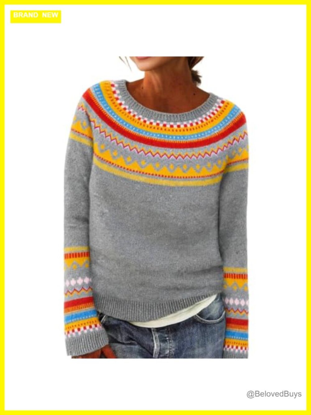 Fair Isle Knit Sweater Women Long Sleeve Pullover Loose Fit